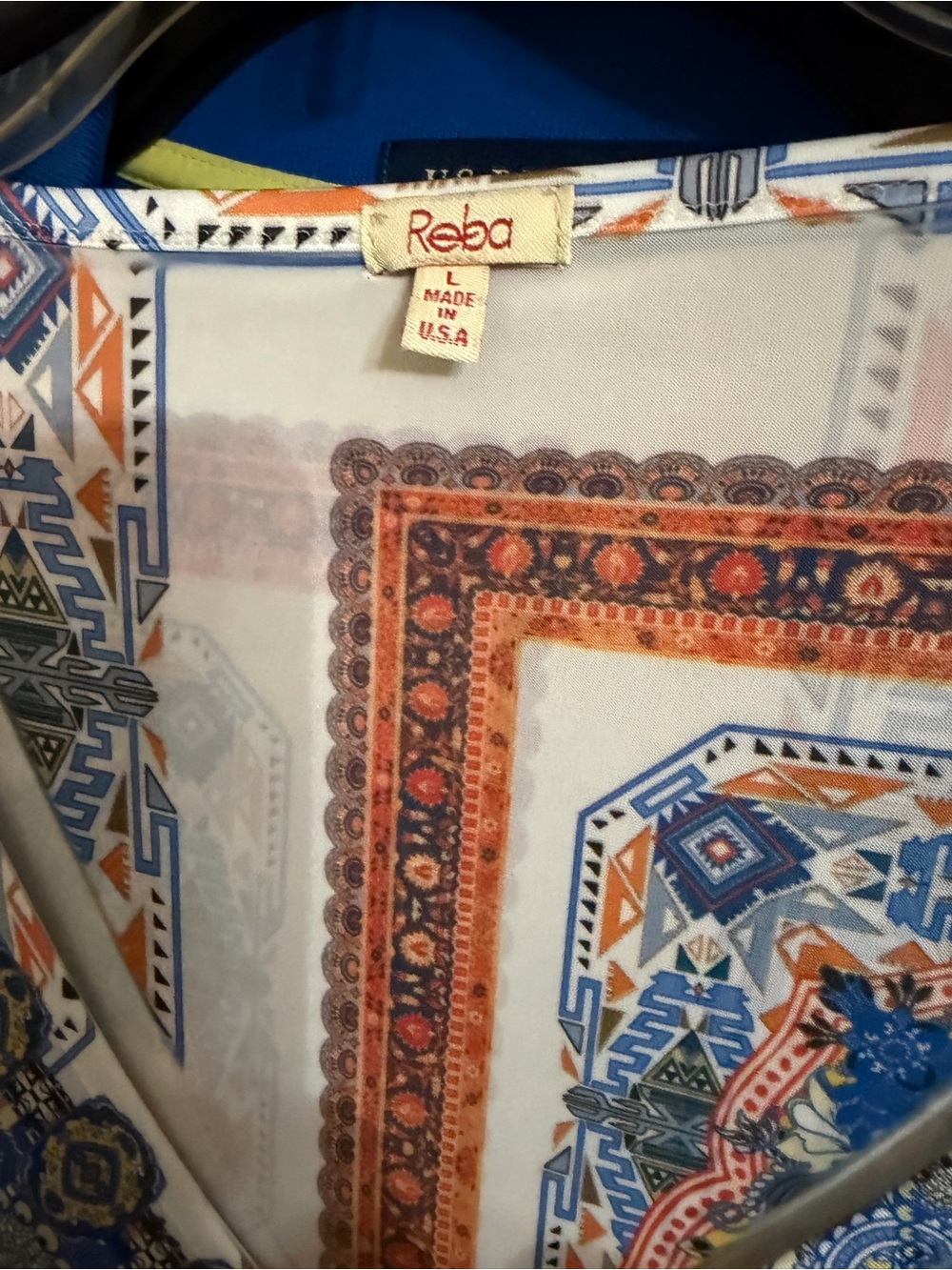 Reba White Blue Orange Multi-Print Decorative Scarf Top